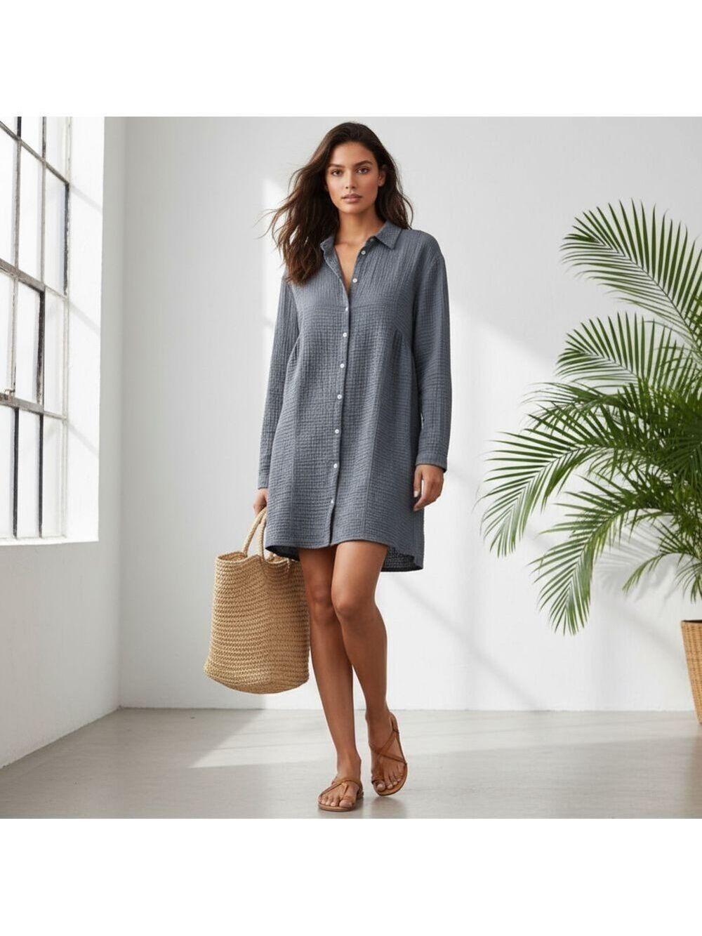 Zara Slate Blue Crinkled Gauze Shirt Dress Coastal Grunge Tunic XS Minimalist
